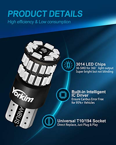 Yorkim 194 LED Bulb Red, Error Free T10 168 192 2825 W5W LED Bulbs (36-SMD 3014)