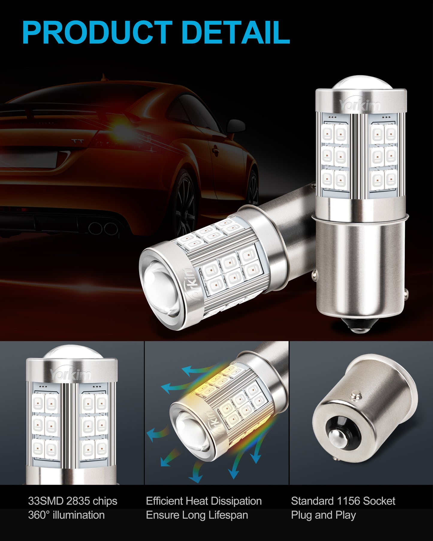 Yorkim 1156 LED Bulb Red 1156 led brake light bulb, 1003 led bulb 1141 led red lights BA15S P21W 7506 bulb led Replacement Lamp for Stop Lights Brake Lights Tail Light Bulbs, pack of 2