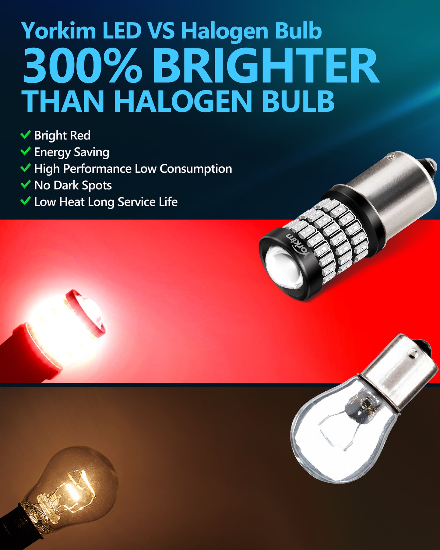 Yorkim 1156 LED Bulb Red 7506 BA15S P21W 1003 1141 LED Bulbs with Projector, Bright 58SMD-3014&3030 Chipsets, replacement for Car Led Brake Light Bulbs Tail Lights Parking Lights, Pack of 2
