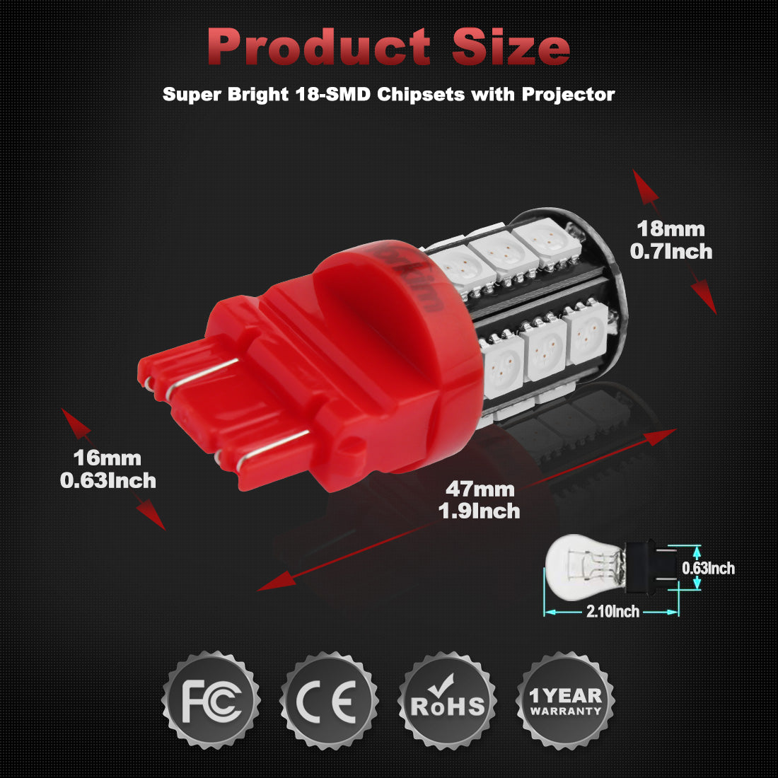 Yorkim 3157 LED Light Bulbs, 3056 3156 3156A 3057 4057 4157 T25 for Reverse Tail Lights, Pack of 4 (Red)