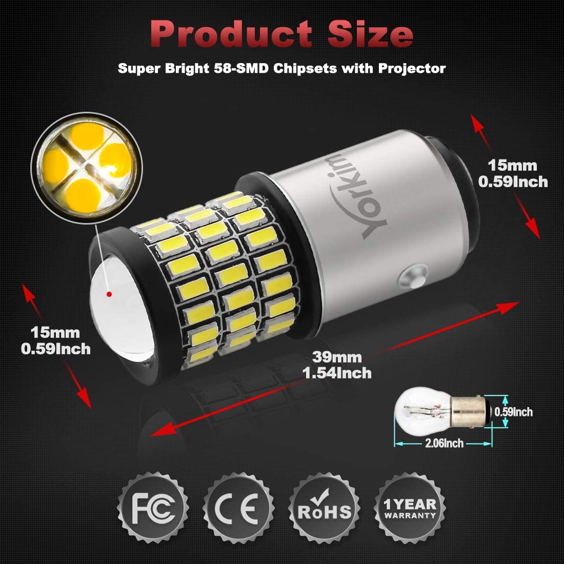 Yorkim 1157 LED Bulb 2057 2357 7528 BAY15D for Brake Back Up Reverse Tail Lights White