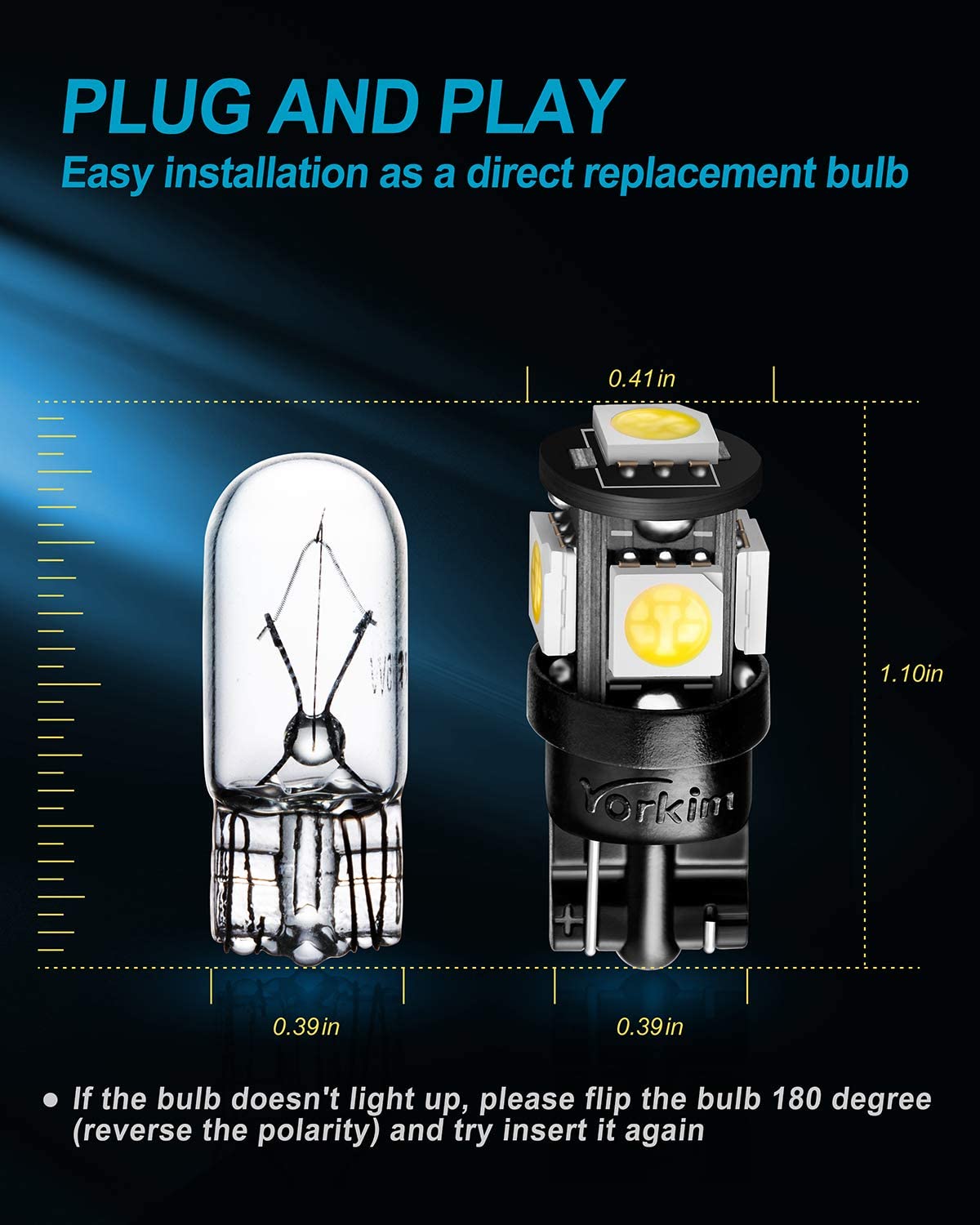 Yorkim 194 LED Bulb White Super Bright 5th Generation T10 LED bulb for Car Interior Light