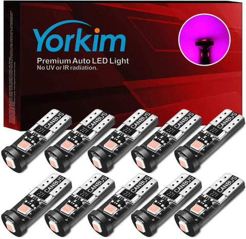 Yorkim 194 Led Bulb Pink/Purple Canbus Error Free T10 168 W5W 2825 Sockets (3-SMD 2835)