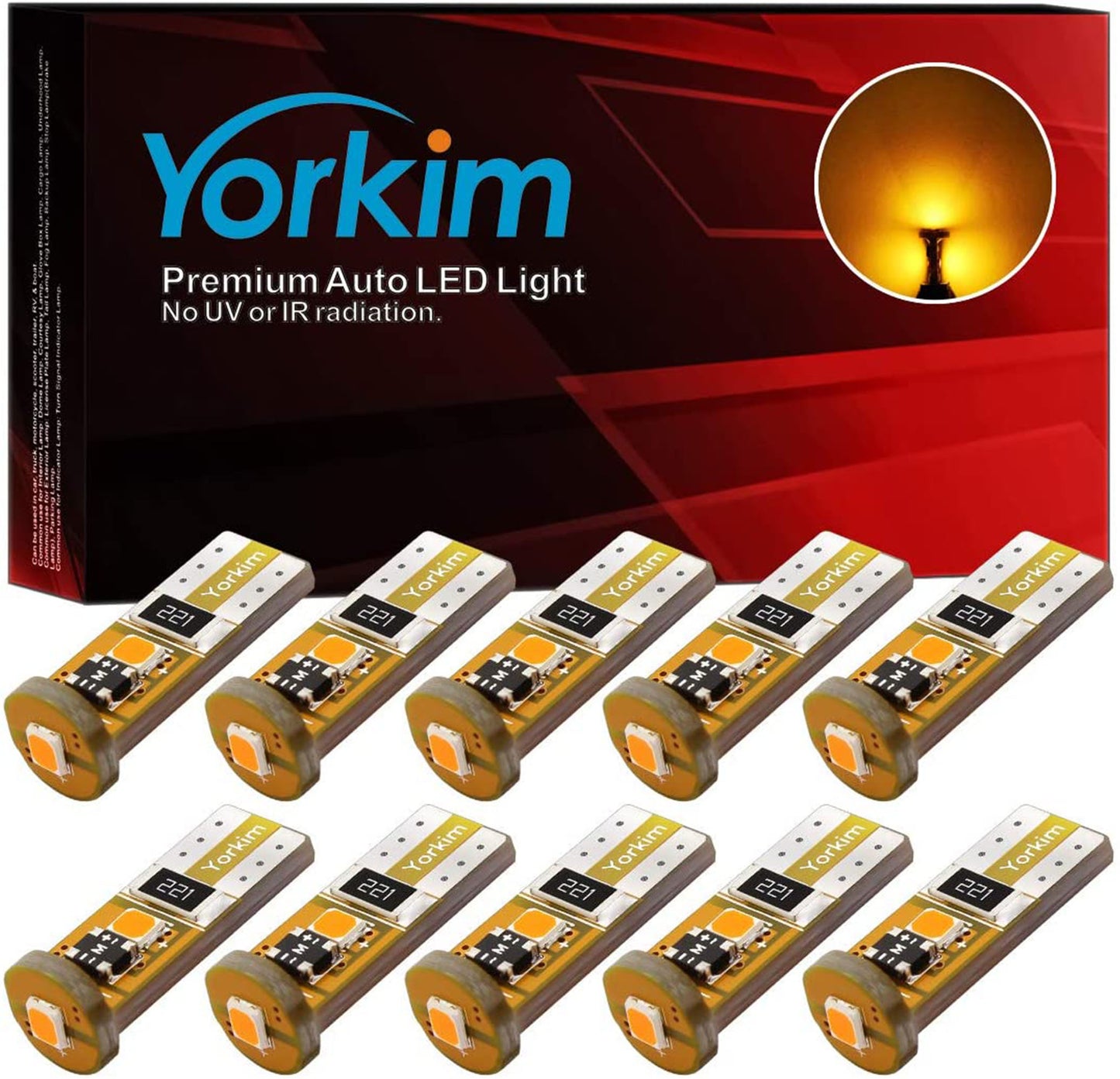 Yorkim 194 Led Bulb Amber Canbus Error Free T10 168 W5W 2825 Sockets (3-SMD 2835)