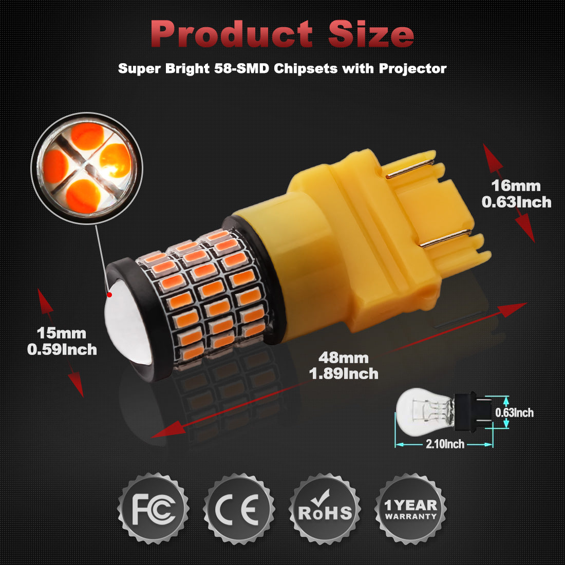 Yorkim 3157 Led Bulb, Backup Reverse Light 3156 3056 3057 4057 4157 T25, Pack of 4 (Amber)