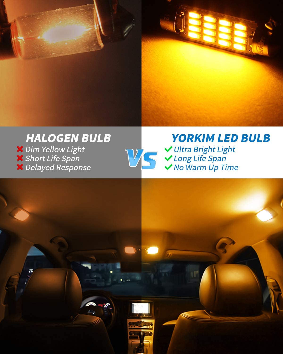 Yorkim Super Bright 578 Festoon LED Bulb Amber 41mm 42mm LED Bulb Canbus Error Free 16-SMD 4014 Chipset, 212-2 Dome Light Led MAP Light, LED Interior Light 211-2 LED Bulb