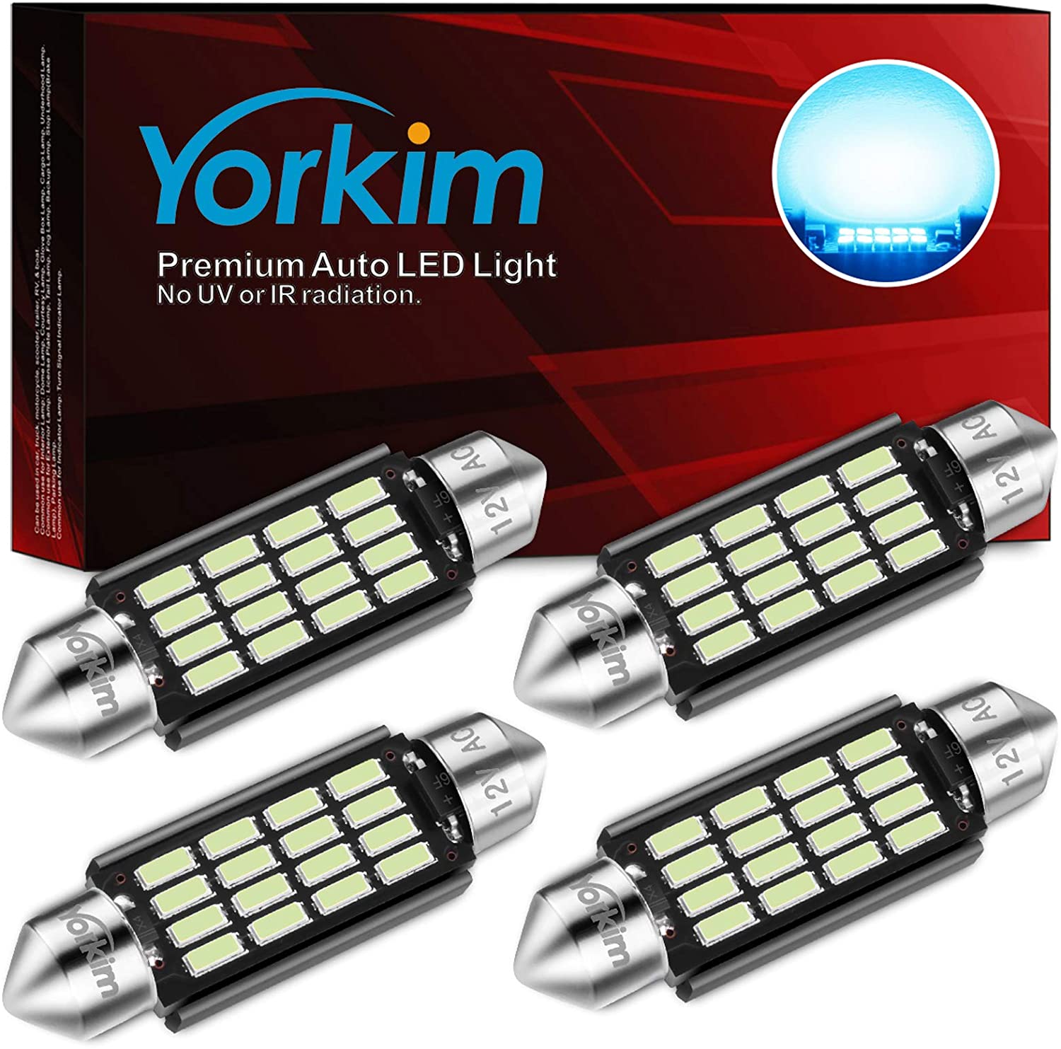 Yorkim Super Bright 578 Festoon LED Bulb Red 41mm 42mm LED Bulb Canbus Error Free 16-SMD 4014 Chipset, 212-2 Dome Light Led MAP Light, LED Interior Light 211-2 LED Bulb