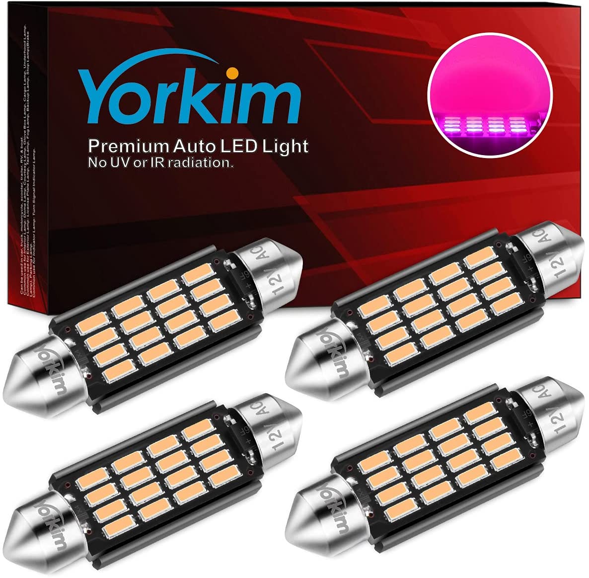 Yorkim Super Bright 578 Festoon LED Bulb pink 41mm 42mm LED Bulb Canbus Error Free 16-SMD 4014 Chipset, 212-2 Dome Light Led MAP Light, LED Interior Light 211-2 LED Bulb