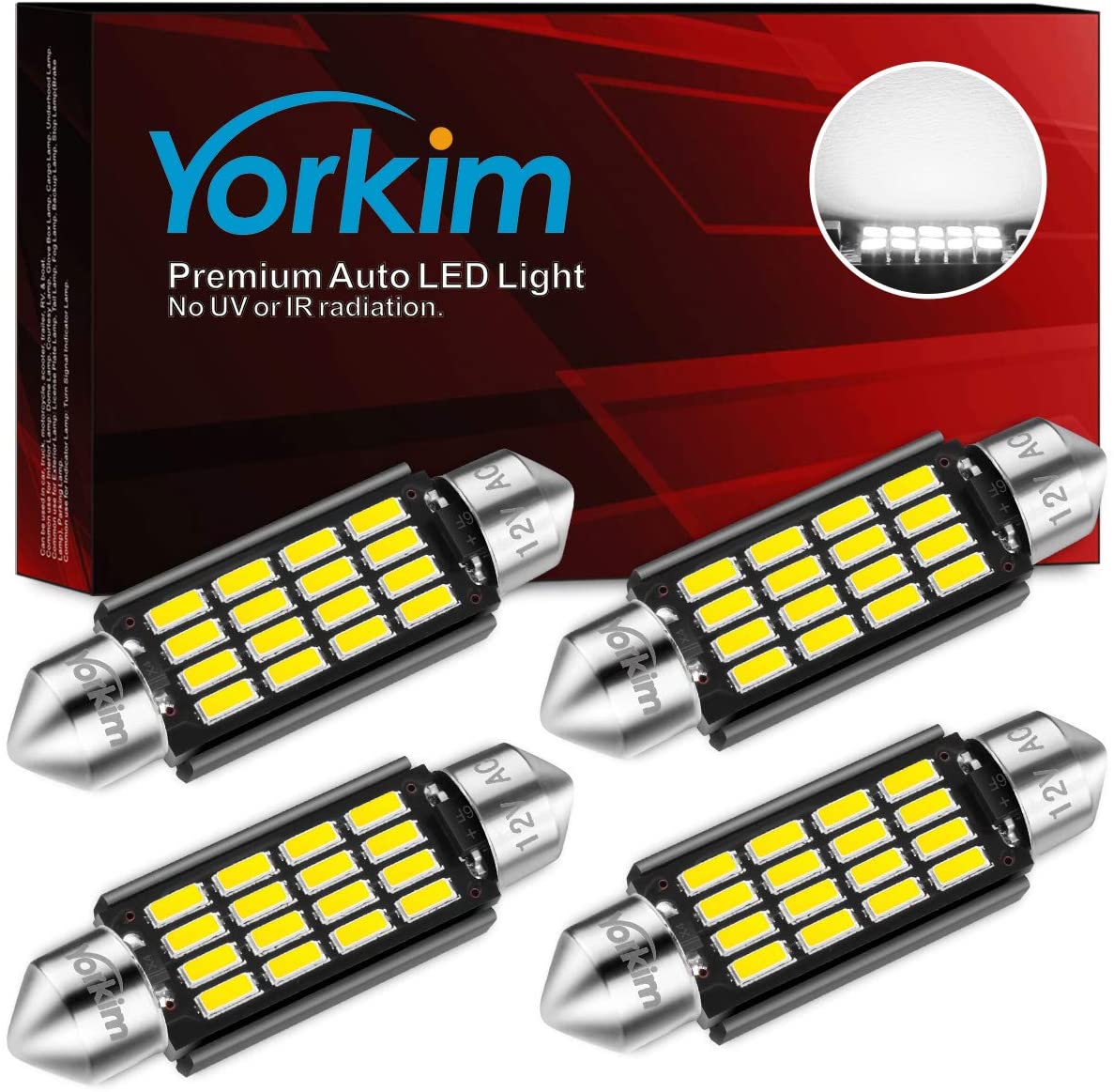 Yorkim Super Bright 578 Festoon LED Bulb White 41mm 42mm LED Bulb Canbus Error Free 16-SMD 4014 Chipset, 212-2 Dome Light Led MAP Light, LED Interior Light 211-2 LED Bulb
