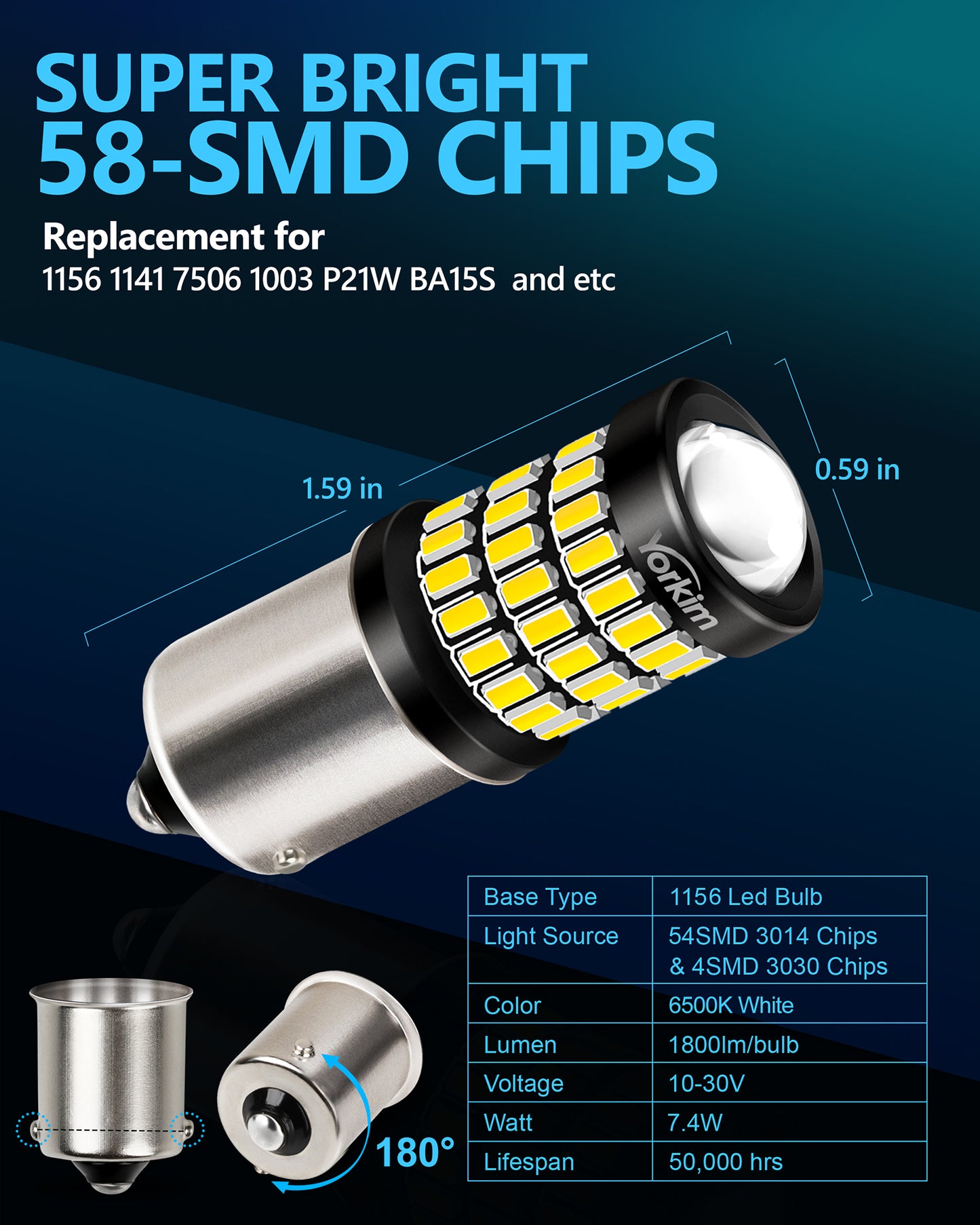 Yorkim 1156 LED Bulb White, Bright 58SMD-3014&3030 Chipsets, 7506 BA15S P21W 1003 1141 LED Bulbs with Projector replacement for Car Led Turn Signal Blinker Lights Backup Tail Brake Lights, Pack of 2