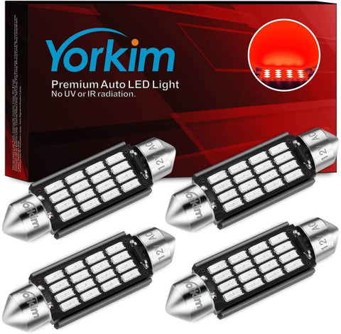 Yorkim 42mm Festoon LED Bulb 578 41mm LED Bulb Canbus Error Free, 212-2  211-2 LED Bulb, Pack of 4 (Red)