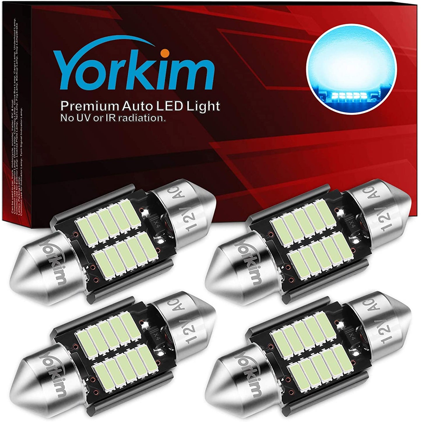 Yorkim 31mm Festoon LED Bulb, Error Free Canbus, DE3022 DE3175 DE3021 LED Bulb, Pack of 4 (Ice Blue)