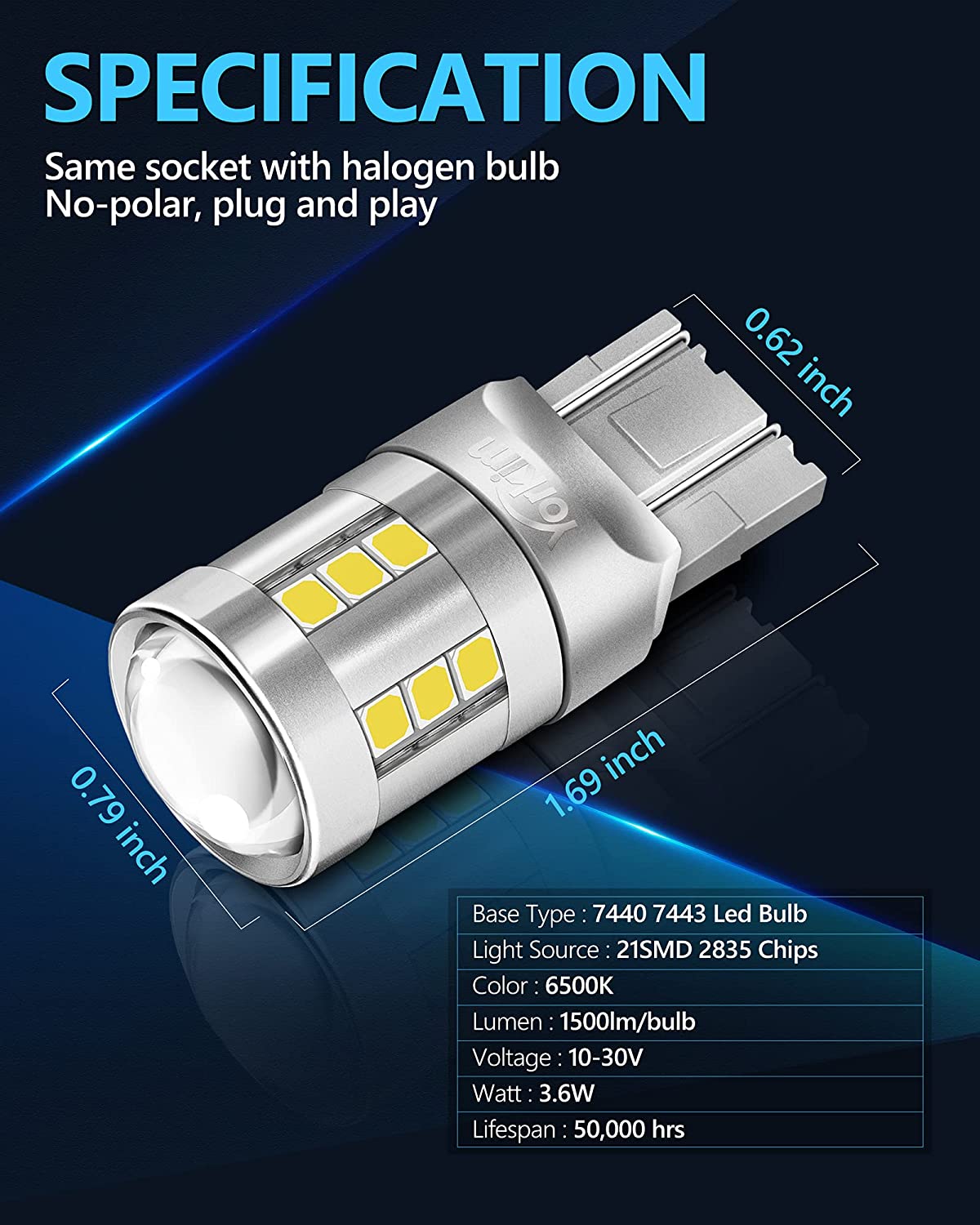 Yorkim 7443 LED Bulb White, 6500K high bright 7440 led bulb with projector T20 W21W 7440NA led bulb Replacement Lamp for Turn Signal Reverse Brake Tail Lights or Day Running Light, pack of 2, 6500K 