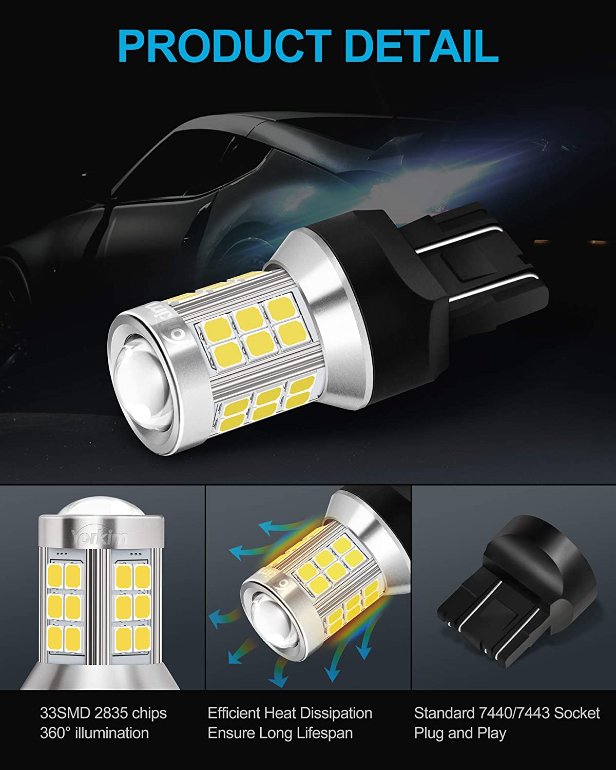 Yorkim 7443 led bulb, super bright 7440 led bulb T20 LED Bulbs with Projector Replacement for led Reverse Blinker Brake Tail Lights