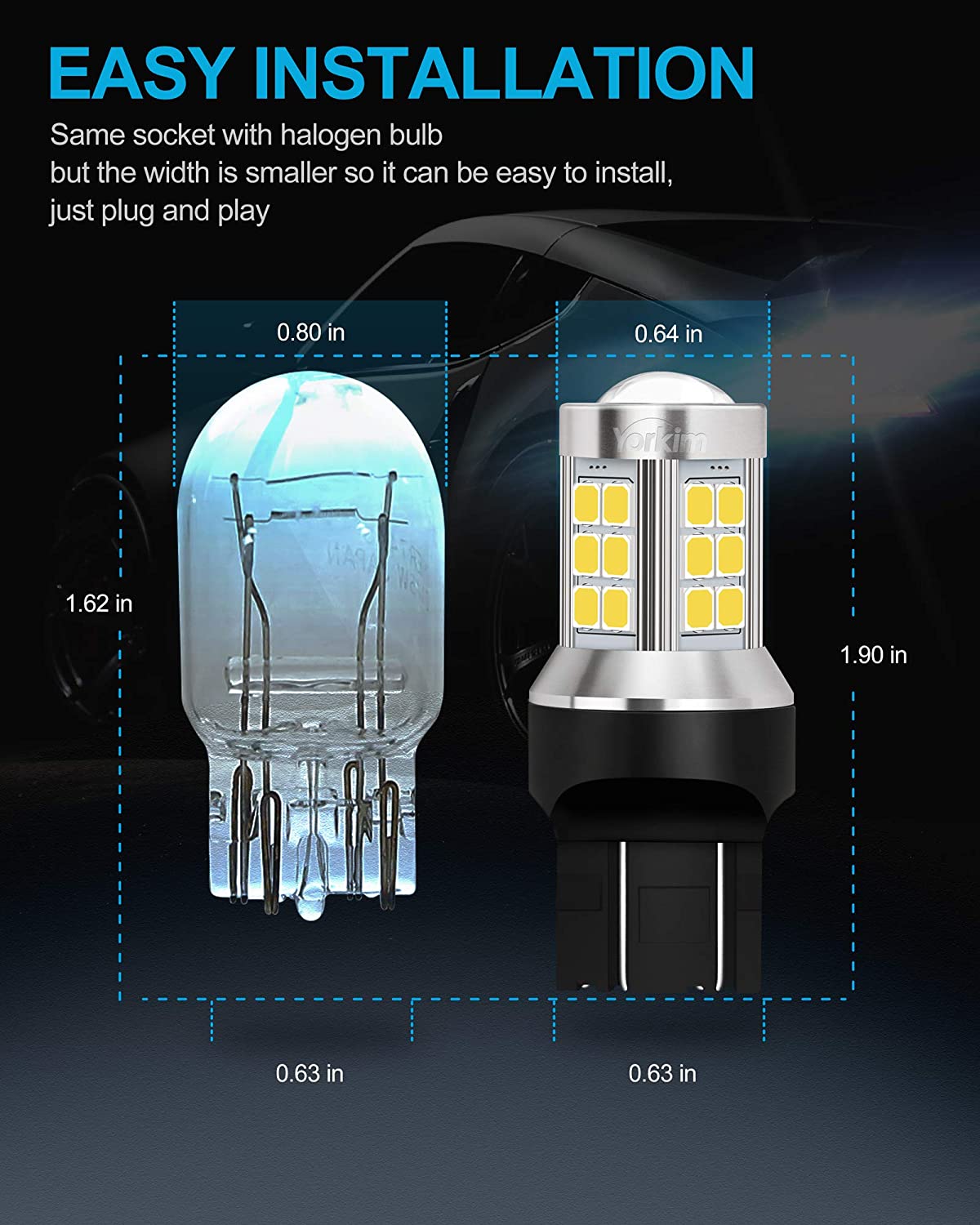 Yorkim 7443 led bulb, super bright 7440 led bulb T20 LED Bulbs with Projector Replacement for led Reverse Blinker Brake Tail Lights