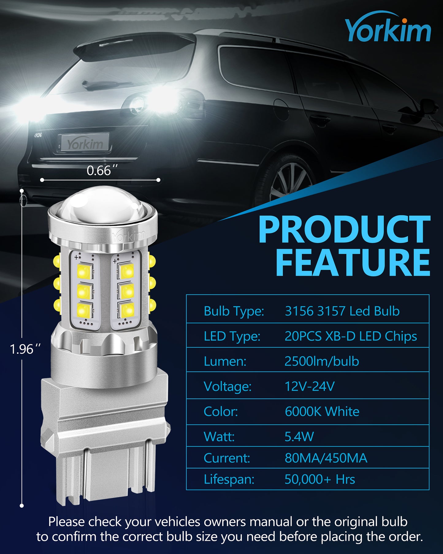 Yorkim 3157 LED Bulb Reverse Lights 6000K White, Pack of 2