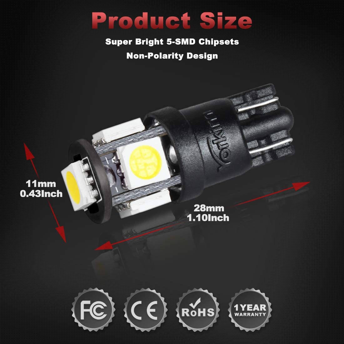 Yorkim T10 LED Bulbs White Non Polarity 6th Generation 194 LED Bulb dome lights for inside car